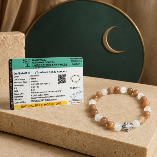 Cancer Zodiac Crystal Bracelet with Hamsa Hand Charm – Certified Sunstone & Moonstone 8mm Beads