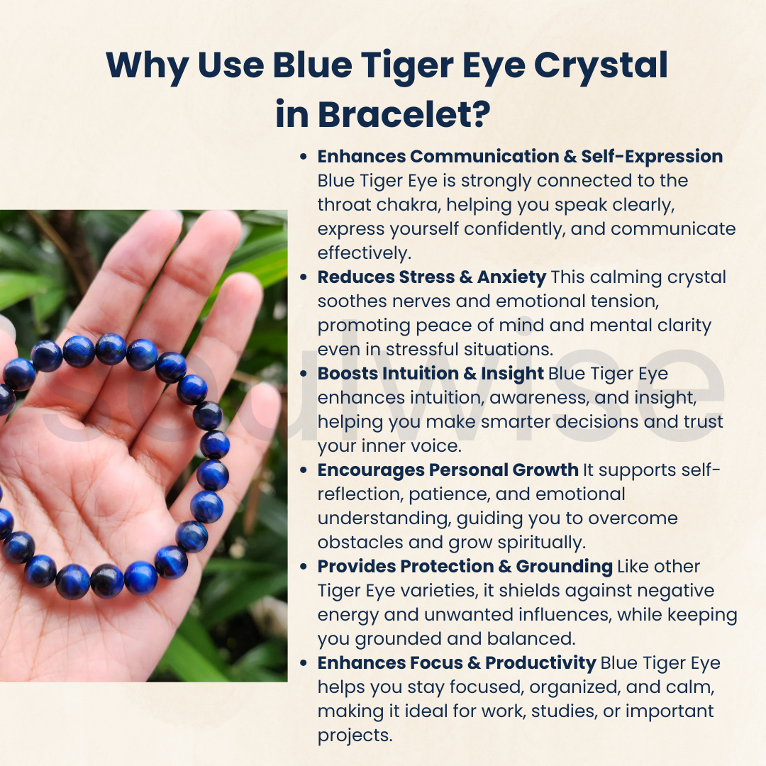 Blue Tiger Eye Bracelet 10mm – Natural Stretchable Crystal Beads for Protection, Focus & Positive Energy | Hawk’s Eye Stone