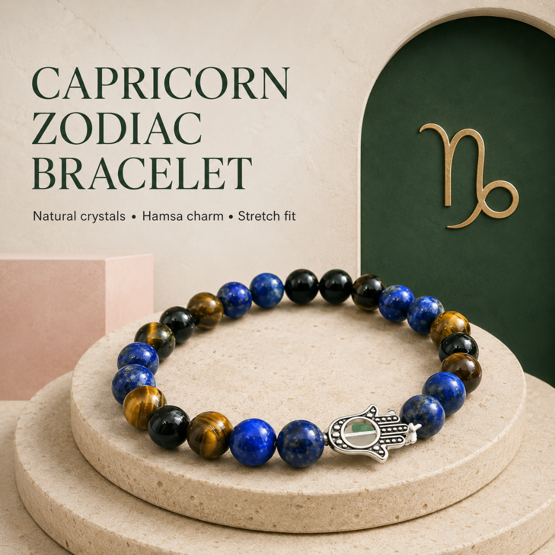 Capricorn Zodiac Crystal Bracelet with Hamsa Hand Charm – Certified Natural Multi-Stone 8mm Beads