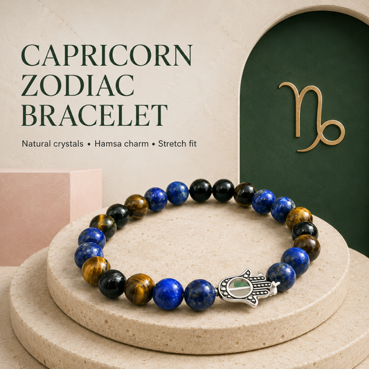 Capricorn Zodiac Crystal Bracelet with Hamsa Hand Charm – Certified Natural Multi-Stone 8mm Beads