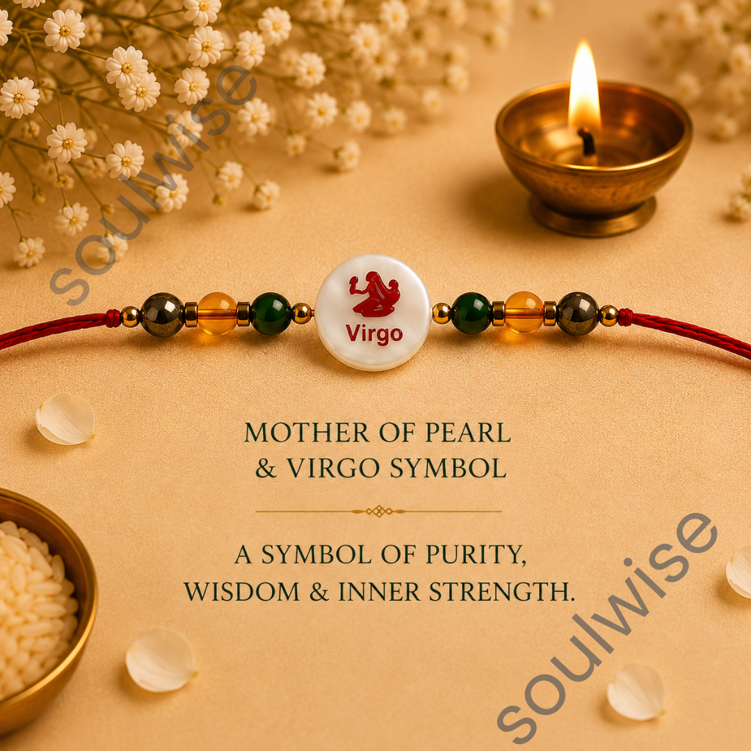 Money Magnet Virgo Rakhi – Green Jade, Citrine, Pyrite & Mother of Pearl Zodiac Rakhi for Prosperity, Clarity & Positive Energy