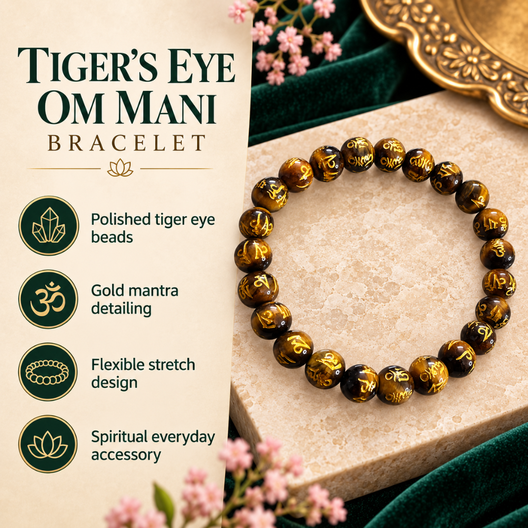 Tiger Eye Om Mani Bracelet 8mm – Natural Tiger's Eye Crystal Beaded Bracelet with Om Mani Padme Hum Mantra for Protection, Confidence, Courage, Prosperity, Meditation & Positive Energy | Unisex Spiritual Jewelry