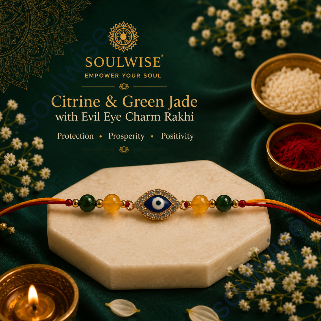 Citrine & Green Jade Rakhi with Evil Eye Charm – Crystal Rakhi for Prosperity, Protection & Positive Energy