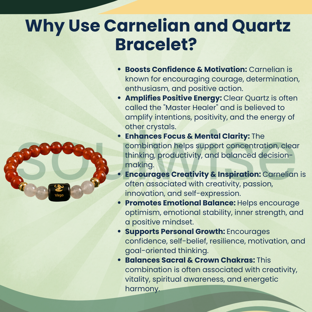 Virgo (Kanya Rashi) Zodiac Bracelet – Natural Carnelian & Clear Quartz Crystal Bracelet for Confidence, Focus & Clarity