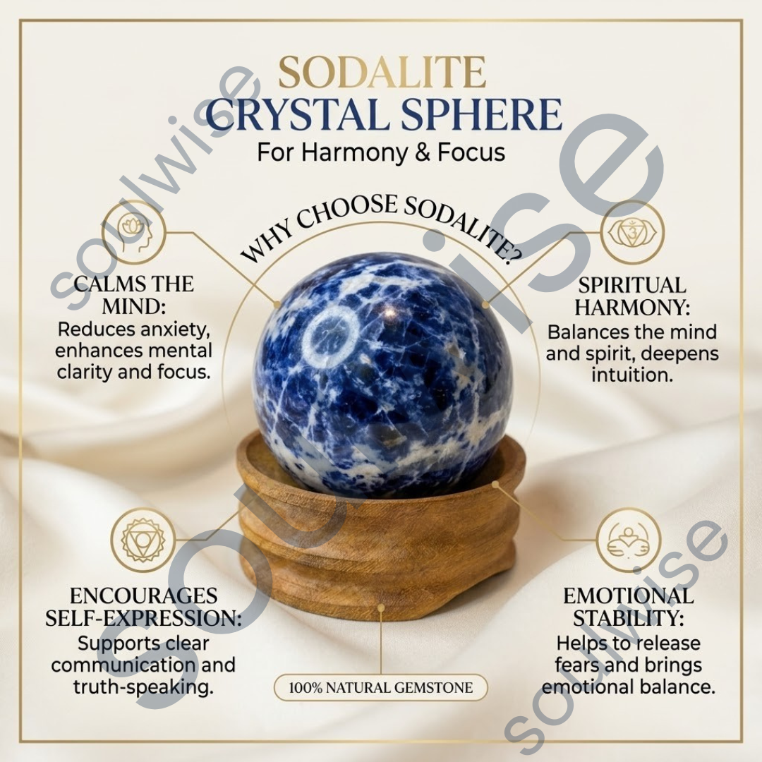 Sodalite Crystal Sphere (50–55mm) with Wooden Stand – Natural Healing Stone for Meditation, Mental Clarity, Focus & Spiritual Balance
