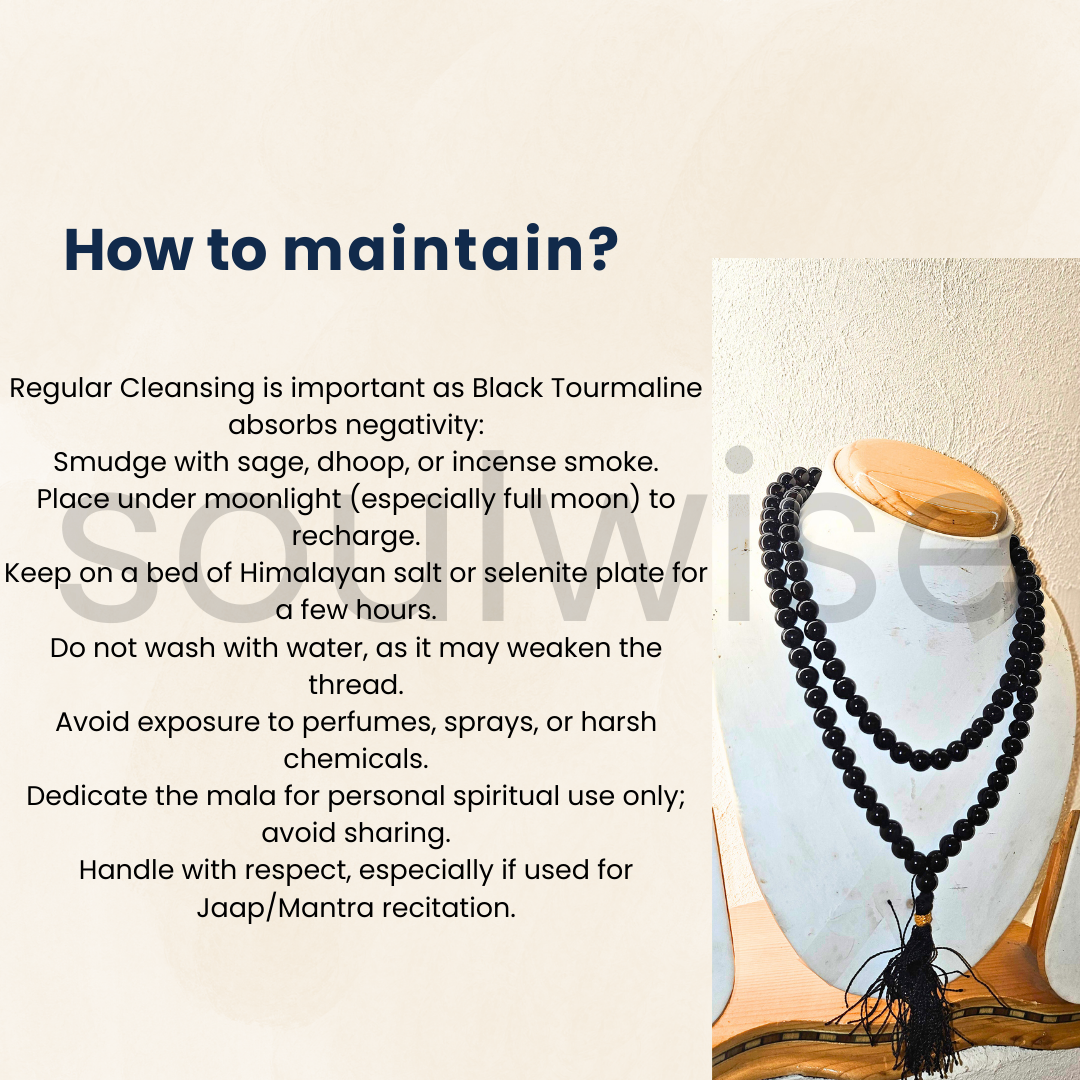 Soulwise Black Tourmaline 8mm Jaap Mala – Natural Protective Crystal Prayer Beads for Energy Healing, Meditation & Spiritual Balance