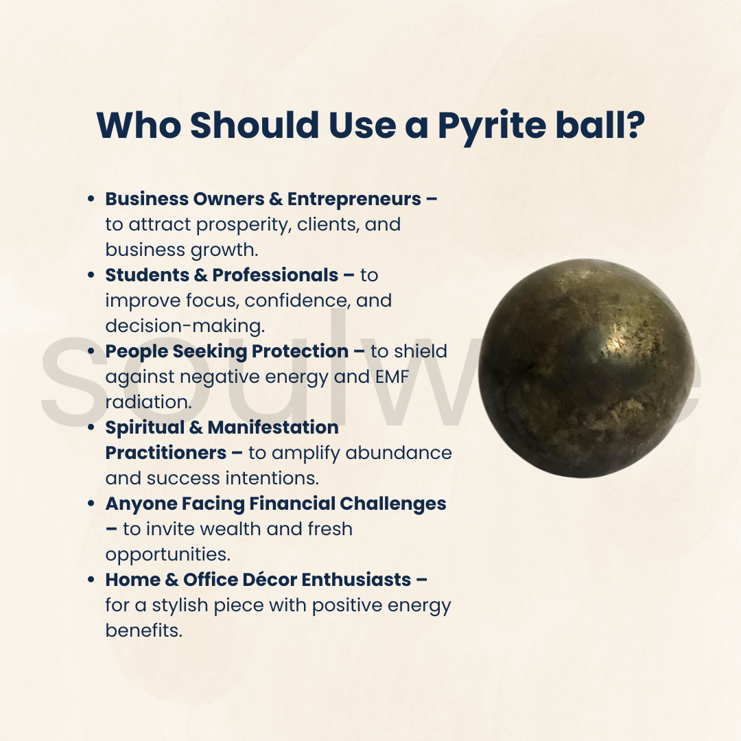 Soulwise Natural Pyrite Crystal Sphere – Golden Energy Stone for Prosperity, Positive Vibes & Home Decor.