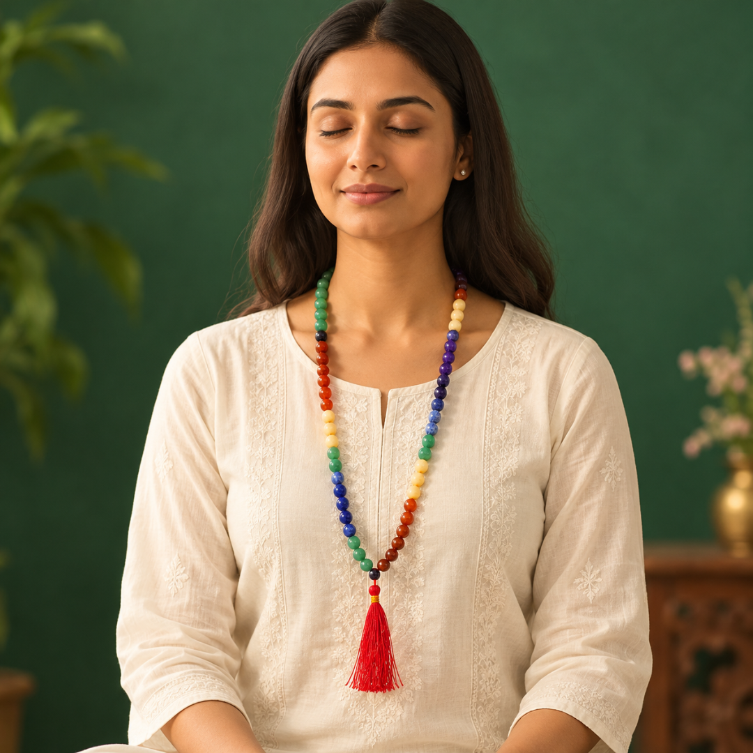 7 Chakra Crystal Jaap Mala Necklace – Natural Seven Chakra Healing Gemstone Prayer Beads for Meditation, Reiki, Energy Alignment & Spiritual Balance