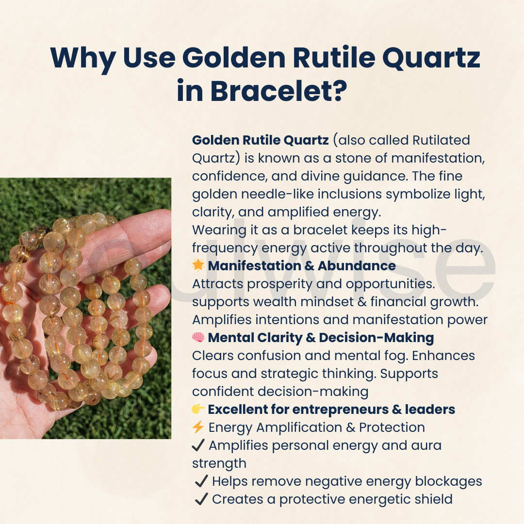 Golden Rutile Quartz Bracelet 8mm – Natural Healing Crystal for Protection, Confidence & Emotional Strength | Unisex Energy Stone