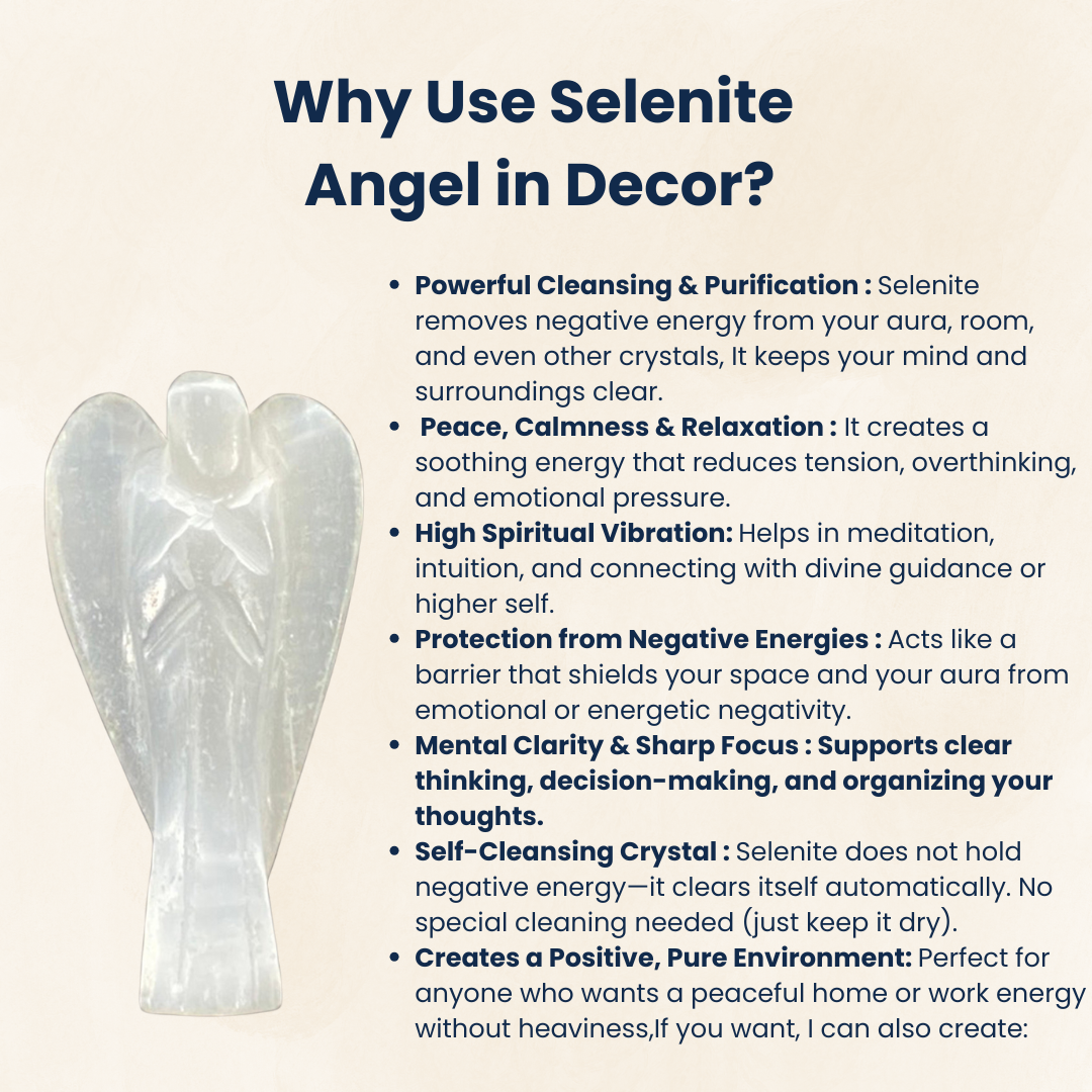 Selenite Angel – Hand-Carved Pure White Crystal Guardian for Cleansing, Protection & Positive Energy (7- inch)