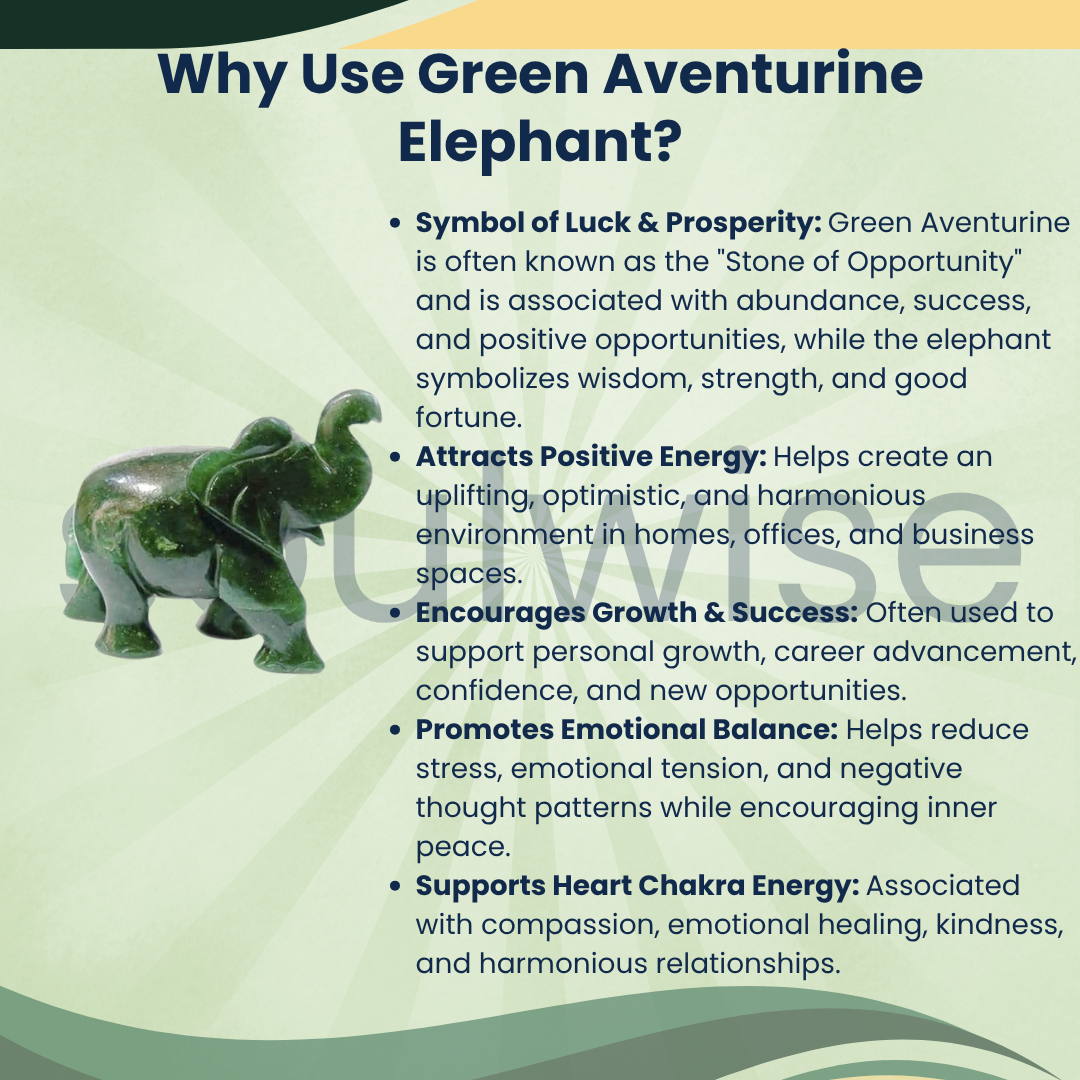 Green Aventurine Elephant Statue | Crystal Elephant for Luck, Prosperity, Success & Positive Energy | Vastu & Feng Shui Decor.