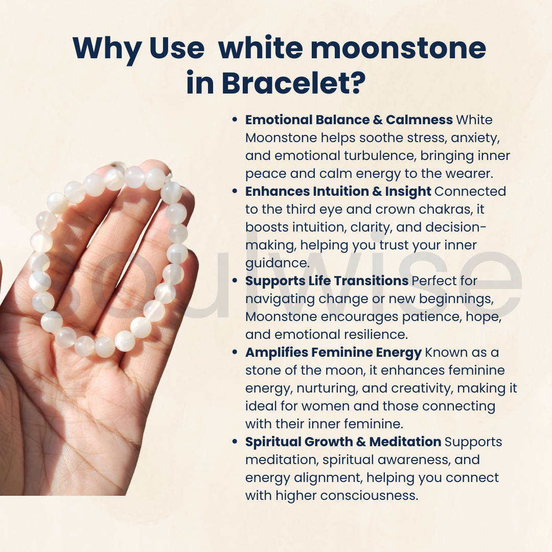 White Moonstone Bracelet 8mm – Natural Healing Crystal Beads for Emotional Balance, Intuition & Positive Energy | Unisex
