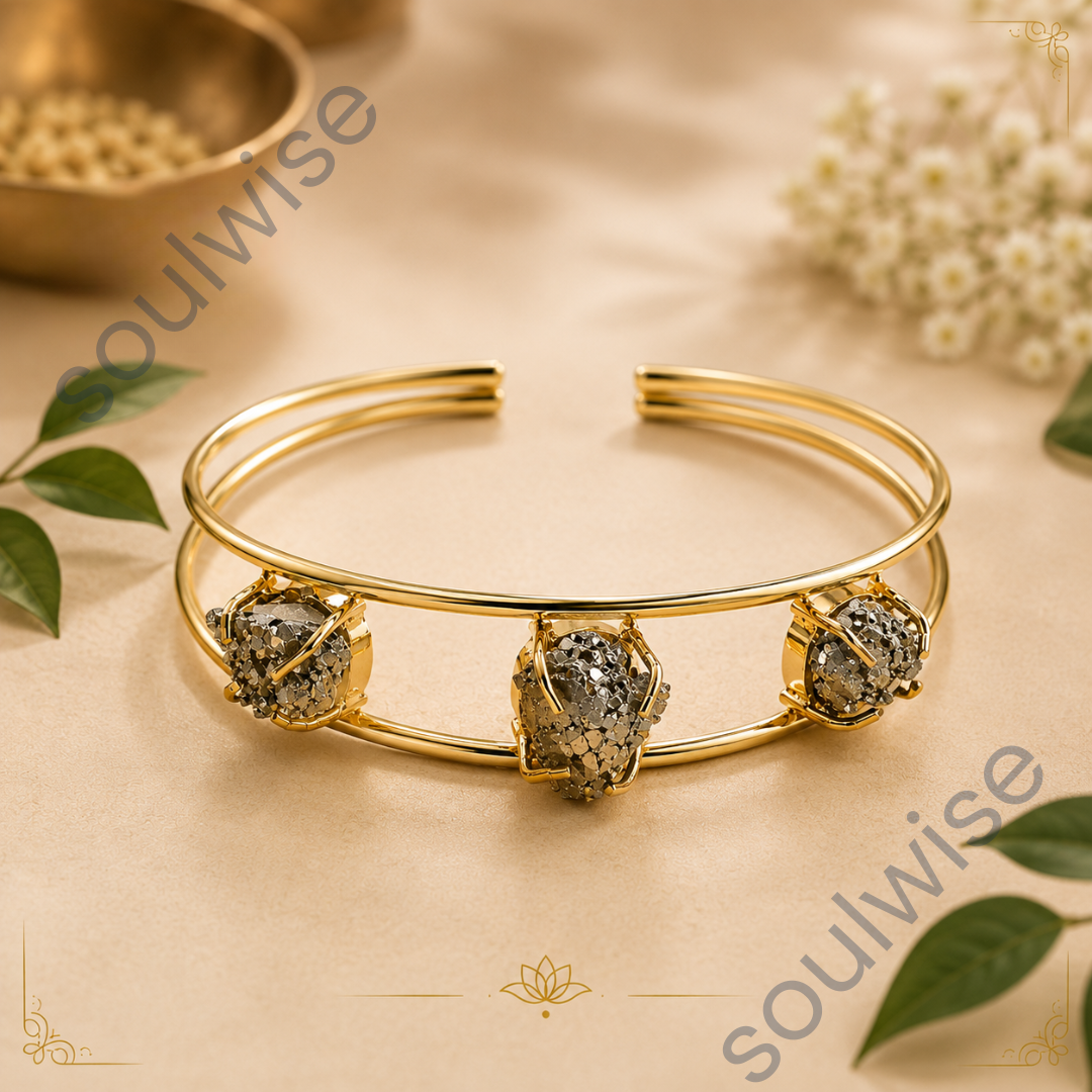 Double Cuff Raw Pyrite Bangle – Natural Crystal Cuff Bracelet for Prosperity, Confidence, Protection & Positive Energy