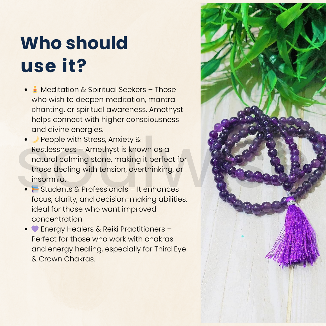 Soulwise Natural Amethyst Jaap Mala 108+1 Beads | Spiritual Prayer Beads for Meditation, Mantra Chanting, Healing & Chakra Balancing