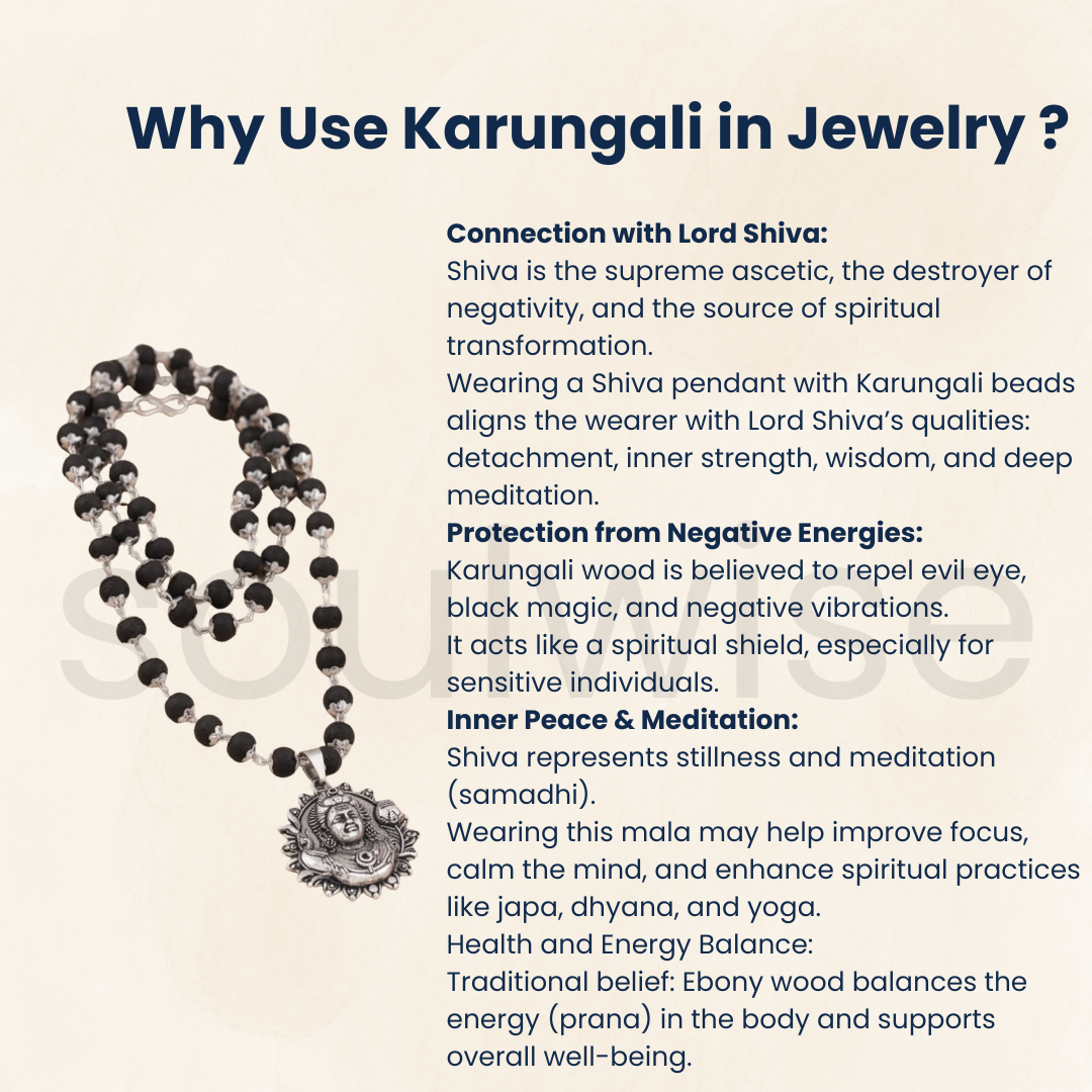 Karungali Mala with Lord Shiva Pendant – Handmade Ebony Wood Beads Necklace with Silver Alloy Pendant for Men & Women – Spiritual, Protective & Devotional Wear