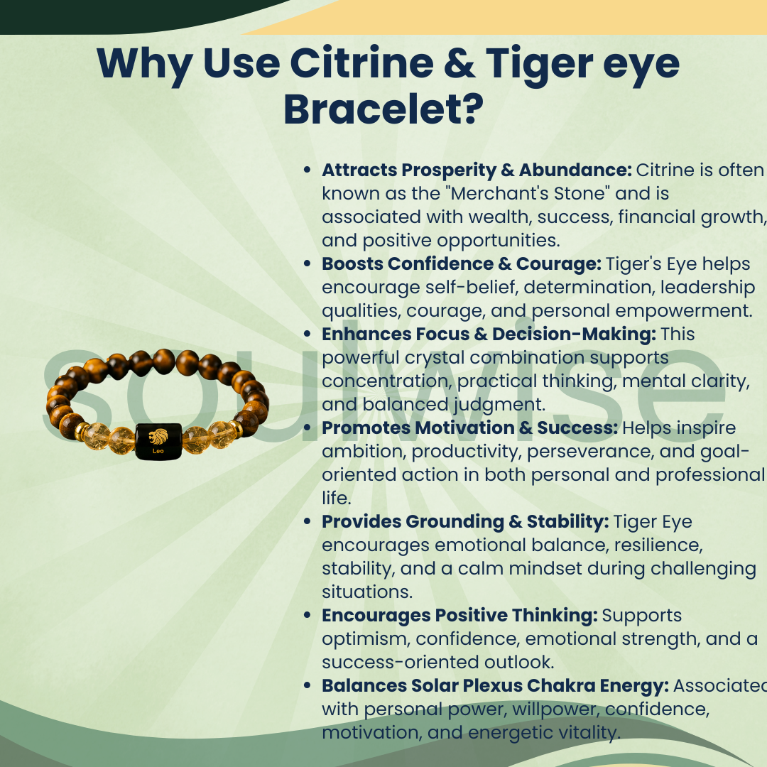 Leo (Simha Rashi) Zodiac Bracelet – Natural Citrine & Tiger Eye Crystal Bracelet for Success, Confidence & Leadership