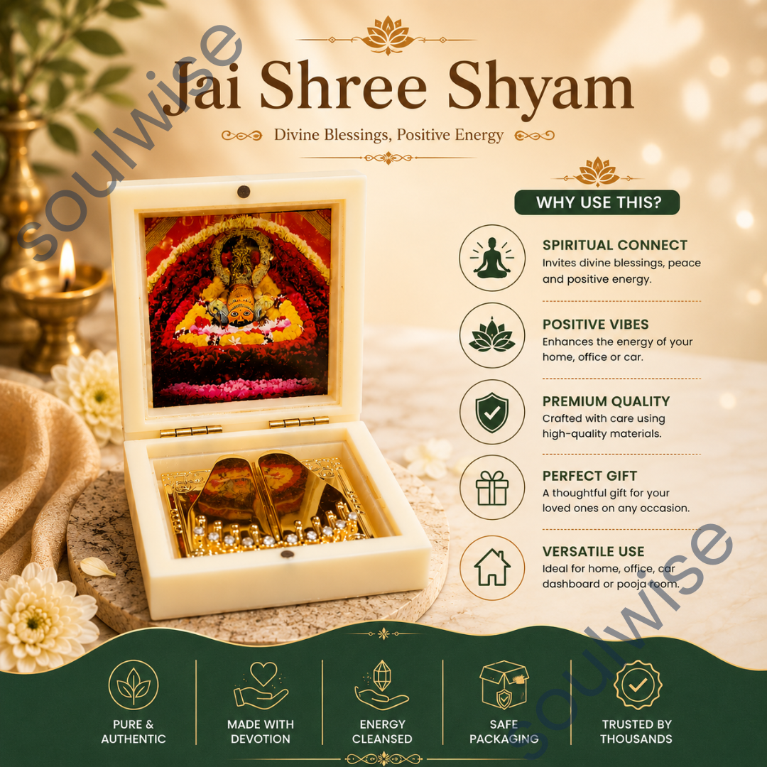 Jai Shree Shyam Golden Paduka Temple Box with Photo Frame – Khatu Shyam Ji Spiritual Décor & Divine Blessings Showpiece for Home, Office & Pooja Room (3x3 Inch)