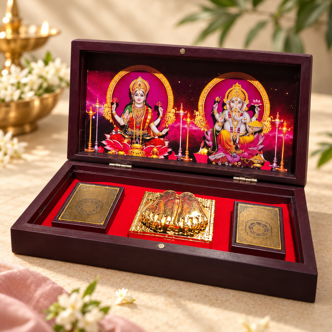 Diwali Spiritual Gift |Laxmi Ganesha Pocket Temple with Laxmi Yantra, Ganesh antra, & Charan, Gold Plated, 1 Piece 8"x5", Diwali Gift & Home Decor