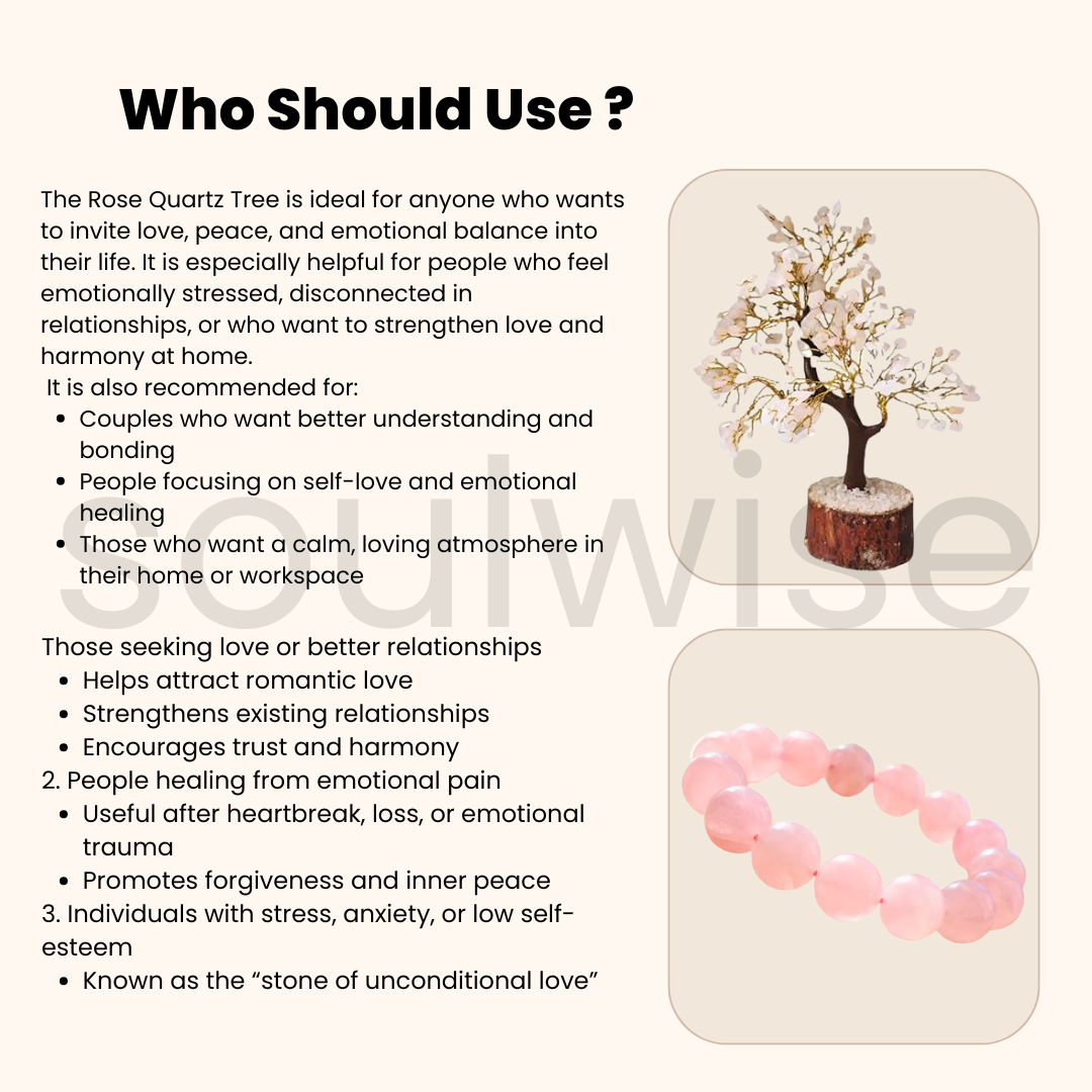 Rose Quartz Crystal Tree with Wooden Base and 10mm Rose Quartz Bracelet, Valentine's Day Gift Set for Love and Emotional Healing, 15.2 cm