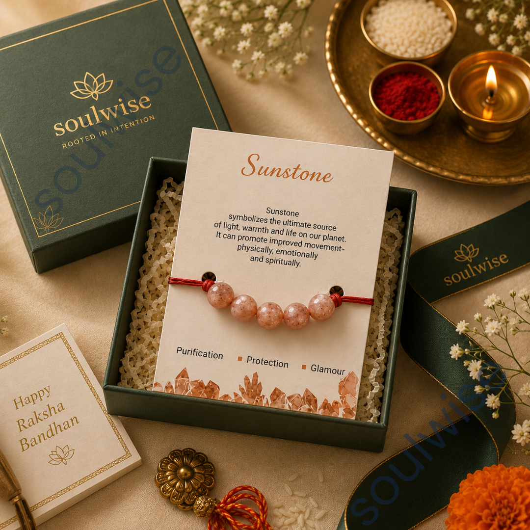 Sunstone 5 Beads Rakhi – Natural Crystal Rakhi for Confidence, Positivity, Success & Personal Empowerment