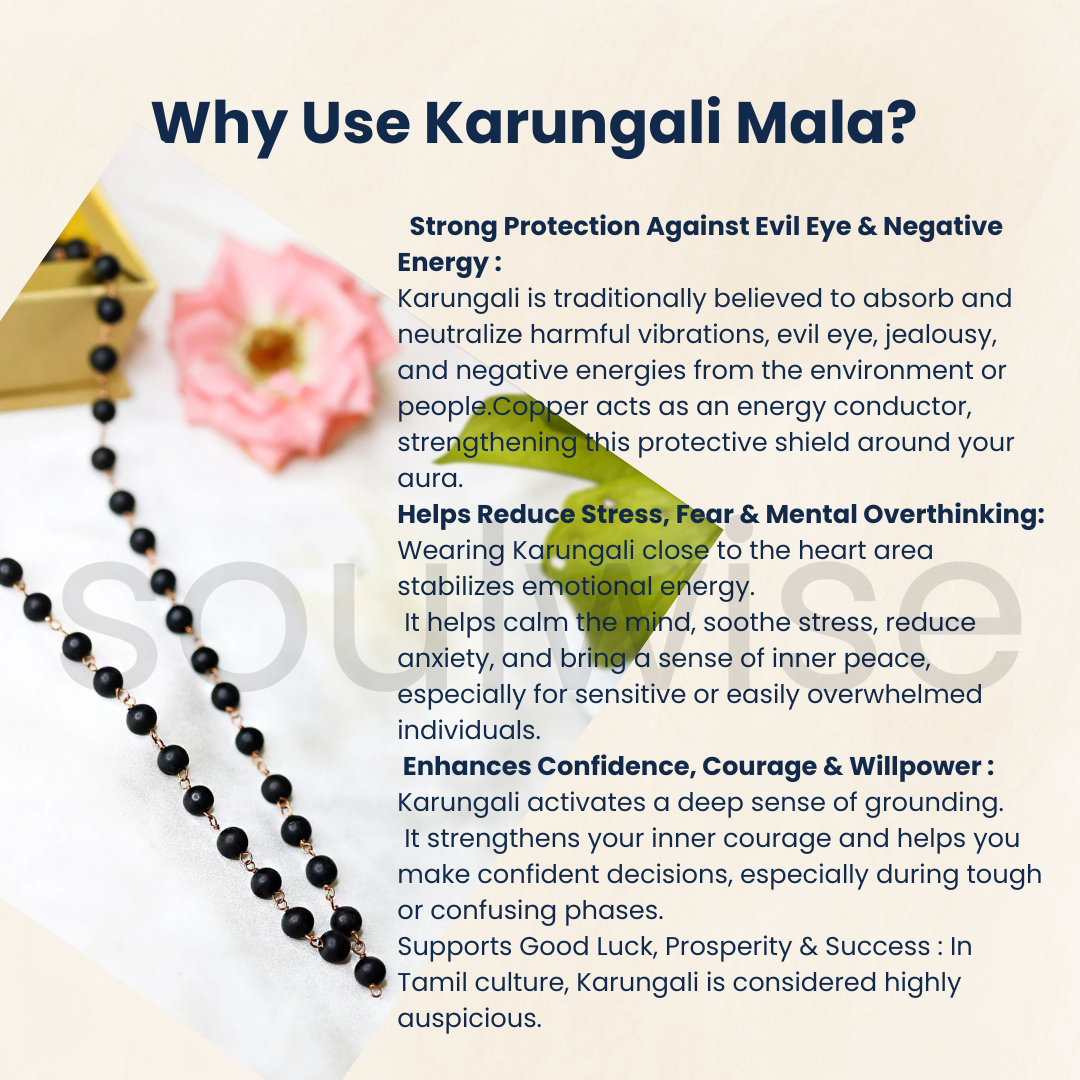 Soulwise Traditional Karungali Mala, Black Wooden Prayer Beads with Copper Chain Links, 54 Beads Meditation Rosary Necklace