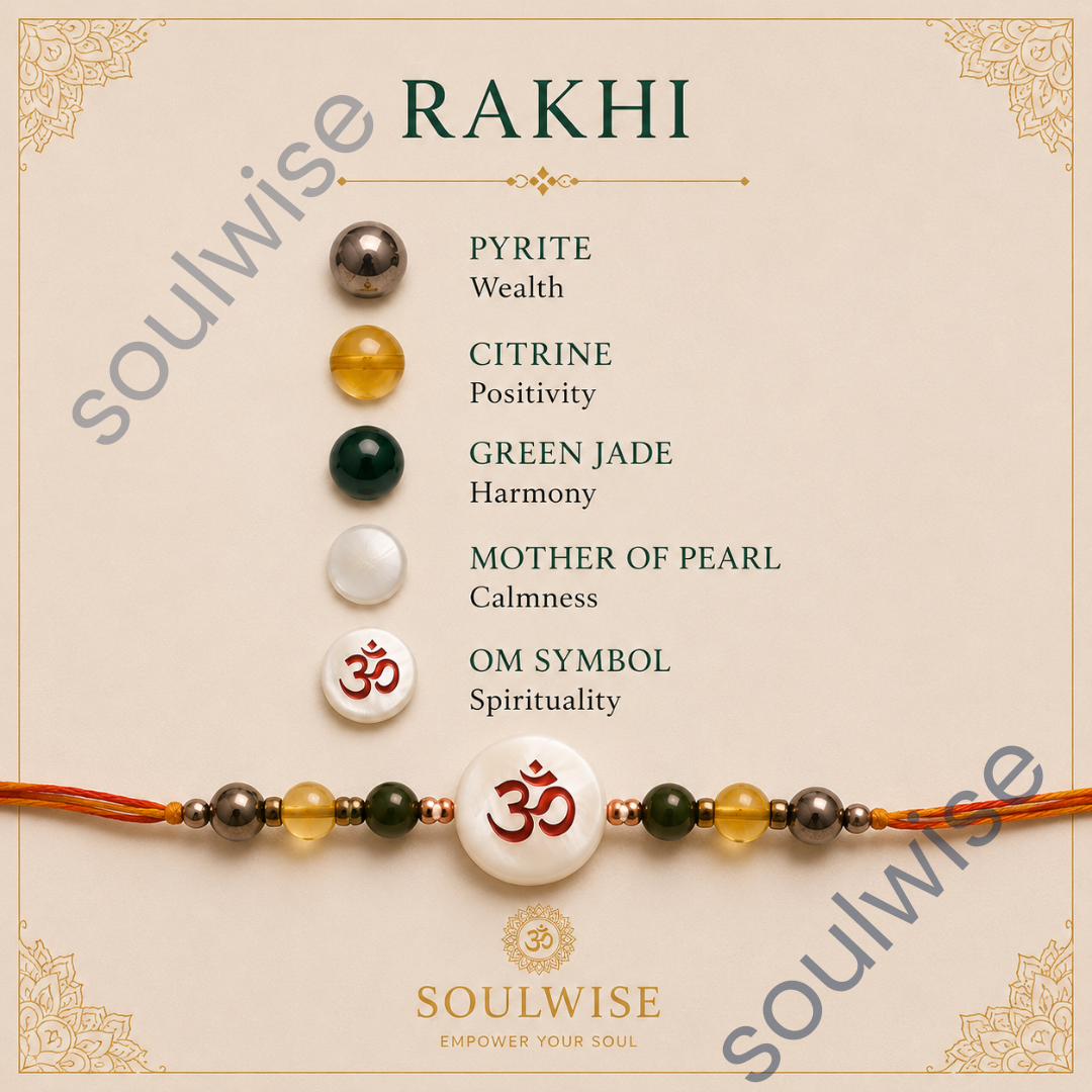 Money Magnet OM Rakhi – Green Jade, Citrine, Pyrite & Mother of Pearl Rakhi for Prosperity, Protection & Positive Energy