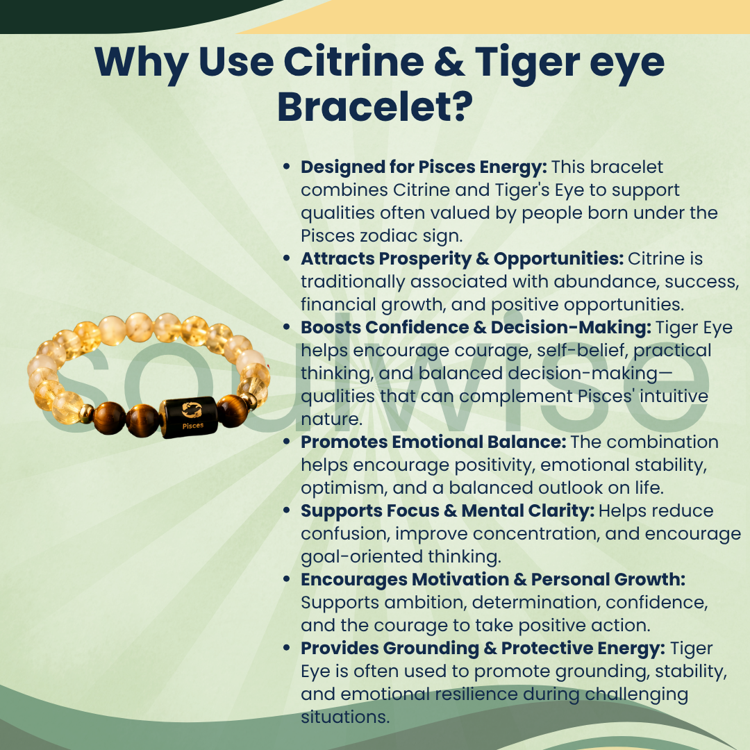 Pisces (Meen Rashi) Zodiac Bracelet – Citrine & Tiger Eye Crystal Bracelet for Confidence, Prosperity & Positive Energy
