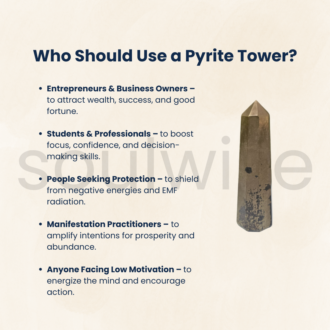 Soulwise Imported Natural Pyrite Crystal Tower Point – Golden Energy Stone for Focus, Motivation & Home Decor.
