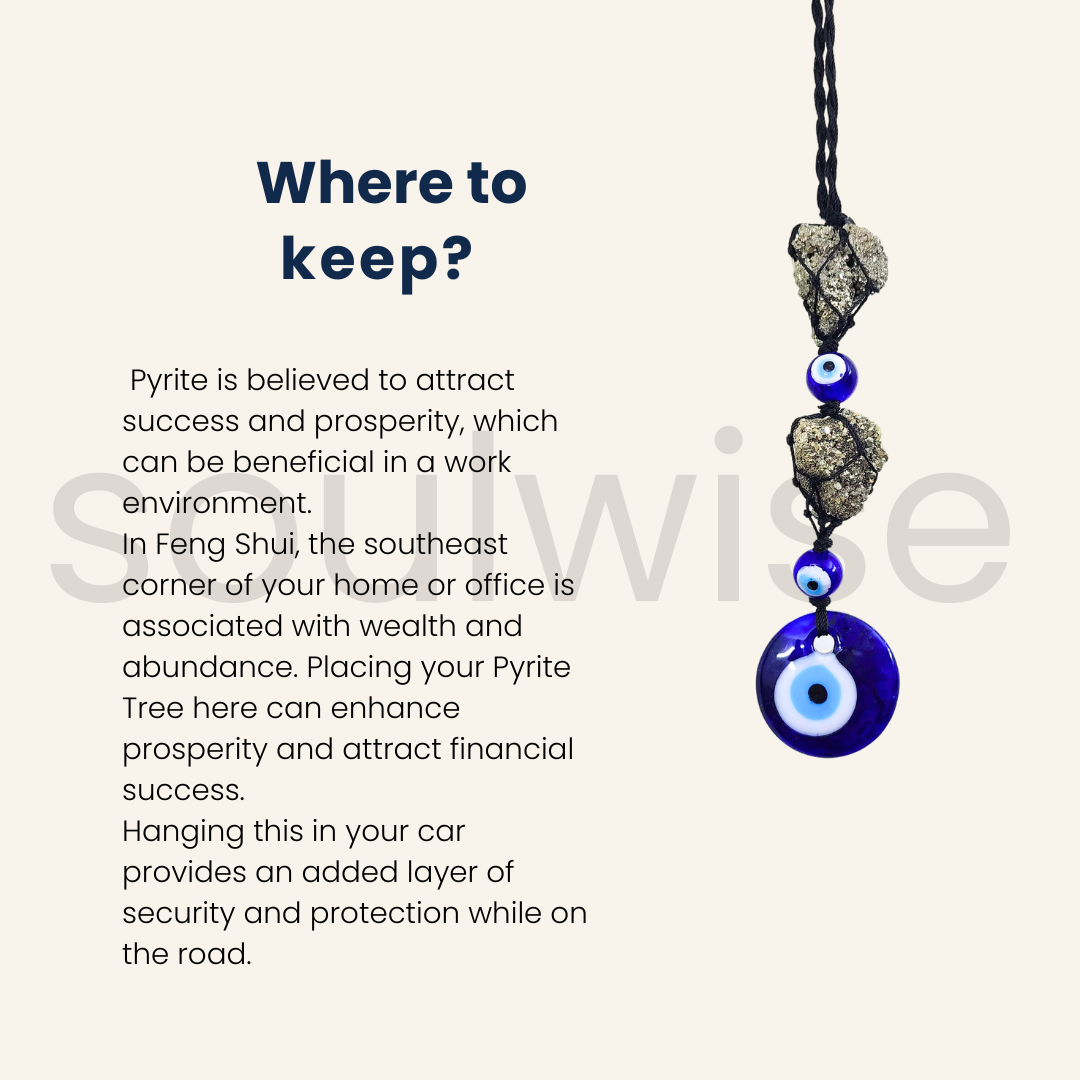 Natural Peru Pyrite Cluster Hanger with Evil Beads and Evil Eye Charm - Energy-Boosting Crystal for Wealth and Protection from Negative Energy - Home, Office, Car Hanger for Good Luck