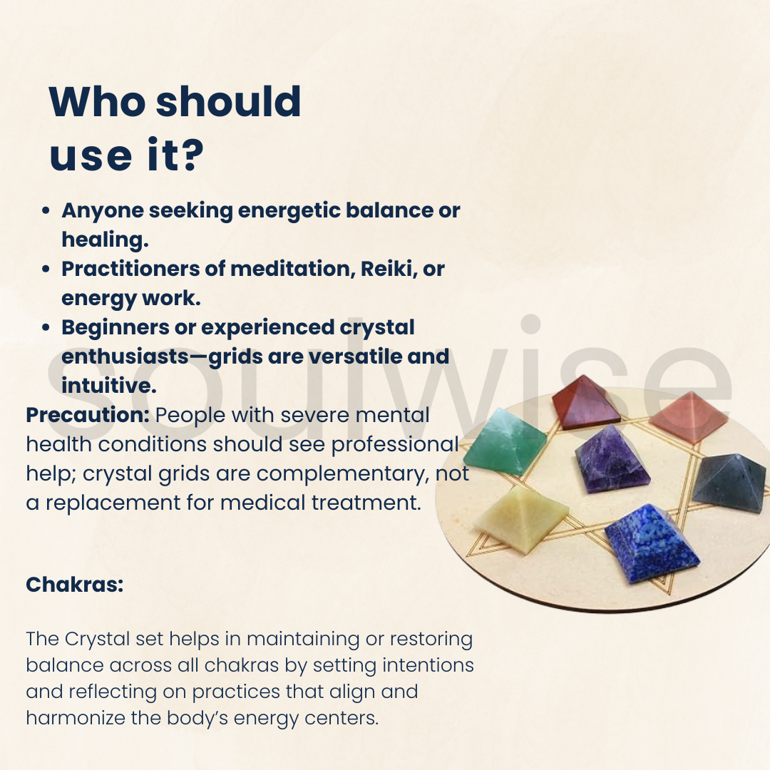Chakra Healing Crystal Grid Set – Seven Natural Stone Pyramids for Energy Balancing, Meditation, Reiki, and Spiritual Healing – Includes Sacred Geometry Grid and Gift Box