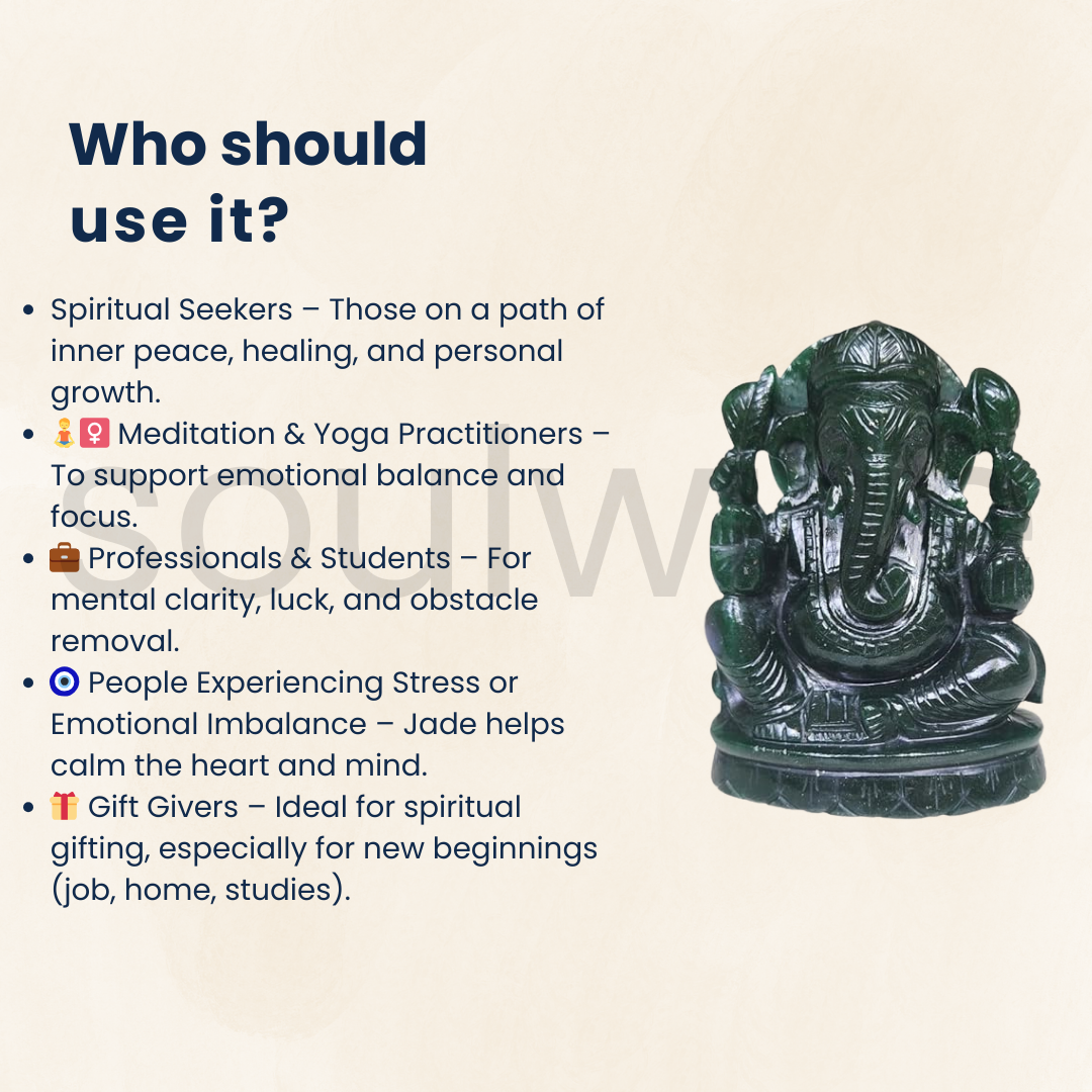 Soulwise Jade Ganesha Idol – 14 cm | Hand-Carved Green Jade Ganpati Statue for Prosperity, Healing & Heart Chakra Energy