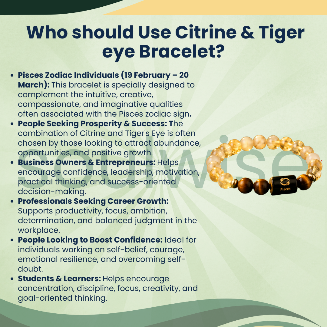 Pisces (Meen Rashi) Zodiac Bracelet – Citrine & Tiger Eye Crystal Bracelet for Confidence, Prosperity & Positive Energy