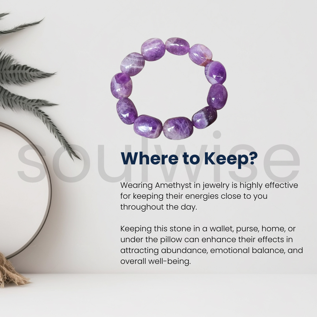 Soulwise Natural Amethyst Tumble bracelet for good relationship, happiness, health, and wealth, healing Crystal for Peace, Chakra Healing, and balancing