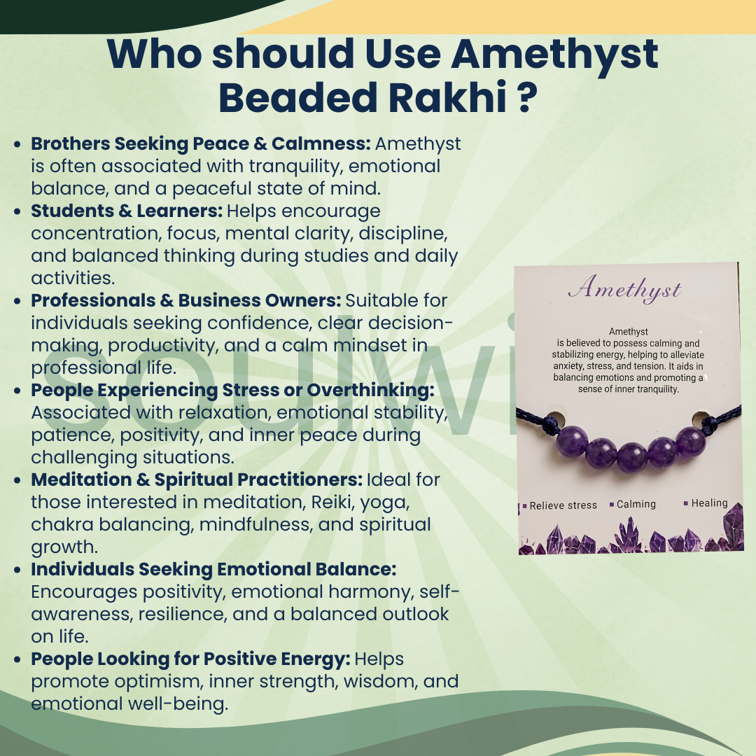 Amethyst 5 Beads Rakhi – Natural Crystal Rakhi for Peace, Calmness, Stress Relief & Positive Energy