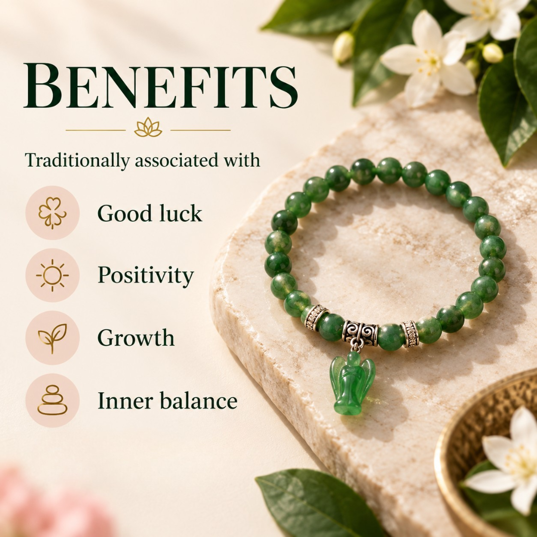 Green Aventurine Bracelet with Angel Charm – Natural Crystal Beads for Luck, Prosperity & Healing – Stretch Bracelet for Women & Men – Spiritual Gift Jewelry
