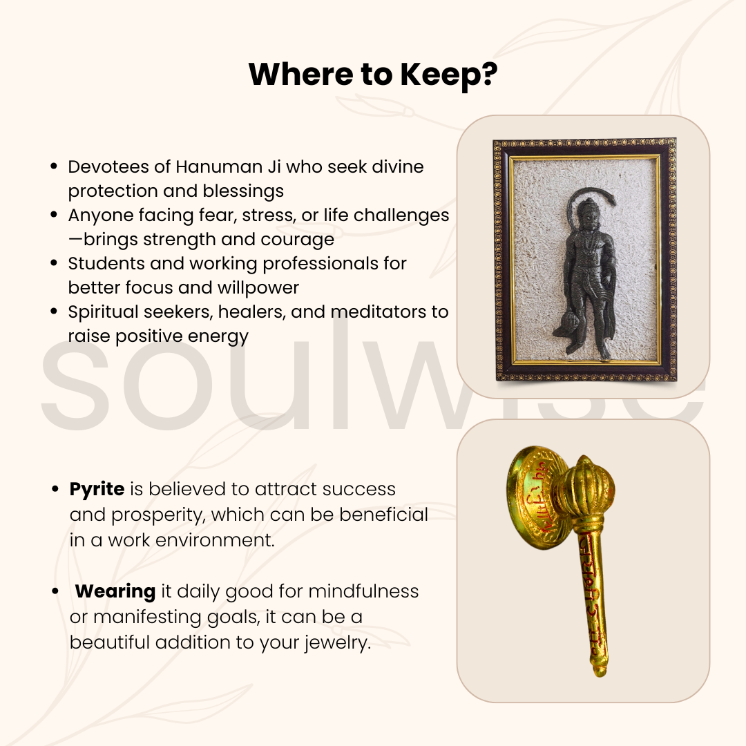Lord Hanuman Pyrite & Selenite Healing Crystal Frame +Sidh Hanuman Ji Gadda with Stand – 3 Inch Gold-Plated, Vastu Remedy & Spiritual Decor Combo | Diwali Gift for Home & Office