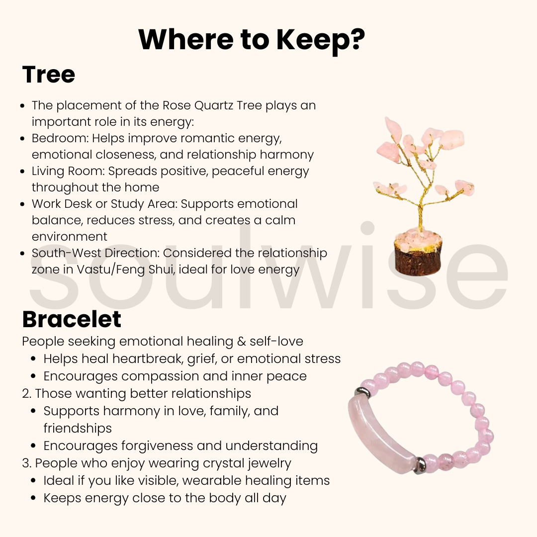 Rose Quartz Tree with Healing Crystal Bracelet | Emotional Healing, Self-Love & Relationship Harmony | Natural Rose Quartz Gemstone Jewelry & Home Décor