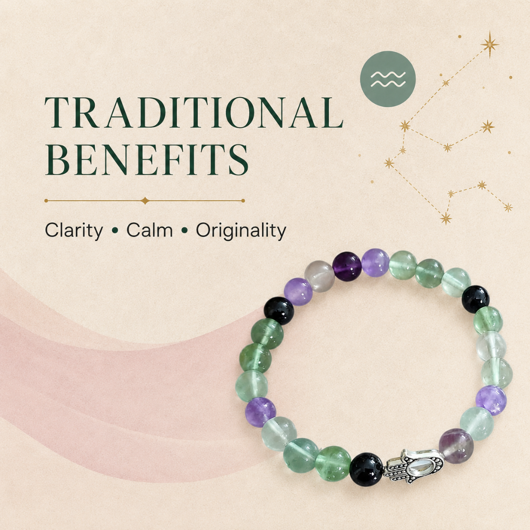 Aquarius Zodiac Crystal Bracelet with Hamsa Hand Charm – Certified Natural Multi-Stone 8mm Beads