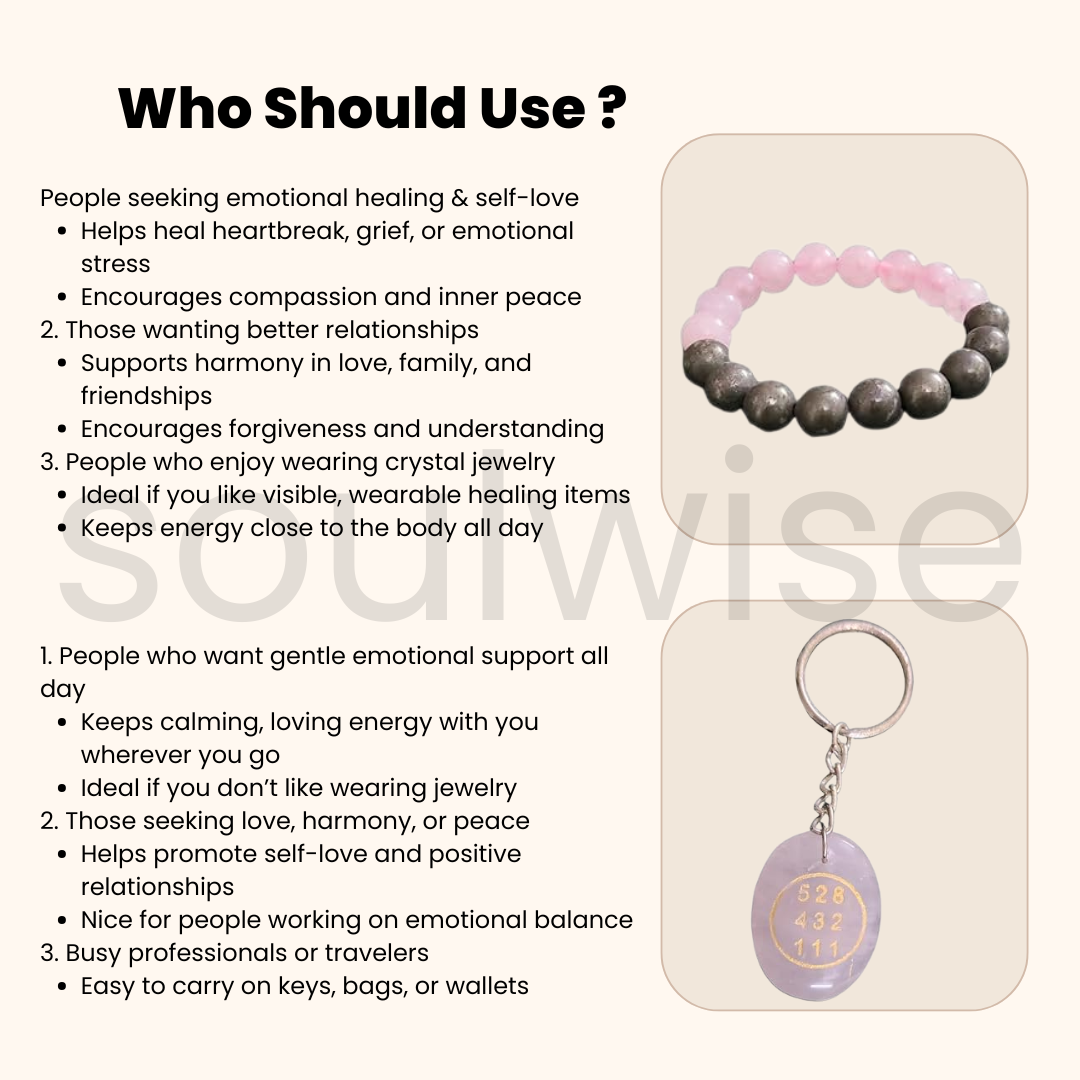Soulwise Rose Quartz & Pyrite Healing Bracelet 10mm with Rose Quartz Angelic Keychain, Valentine's Gift Combo for Love, Positivity & Emotional Healing