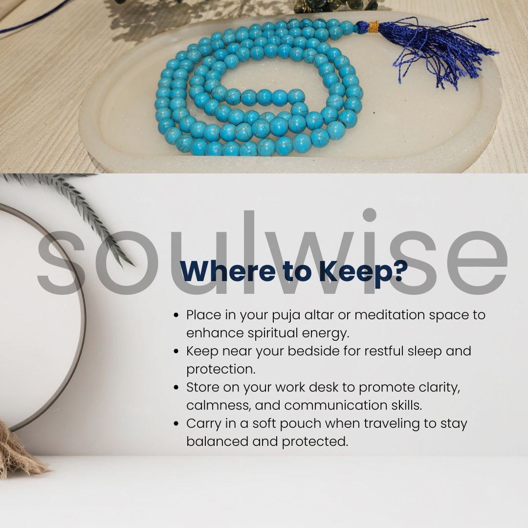 Soulwise Natural Turquoise Jaap Mala with 108+1 Beads (8mm) | Healing Prayer Beads for Meditation, Mantra Chanting, Spiritual Protection & Chakra Balance