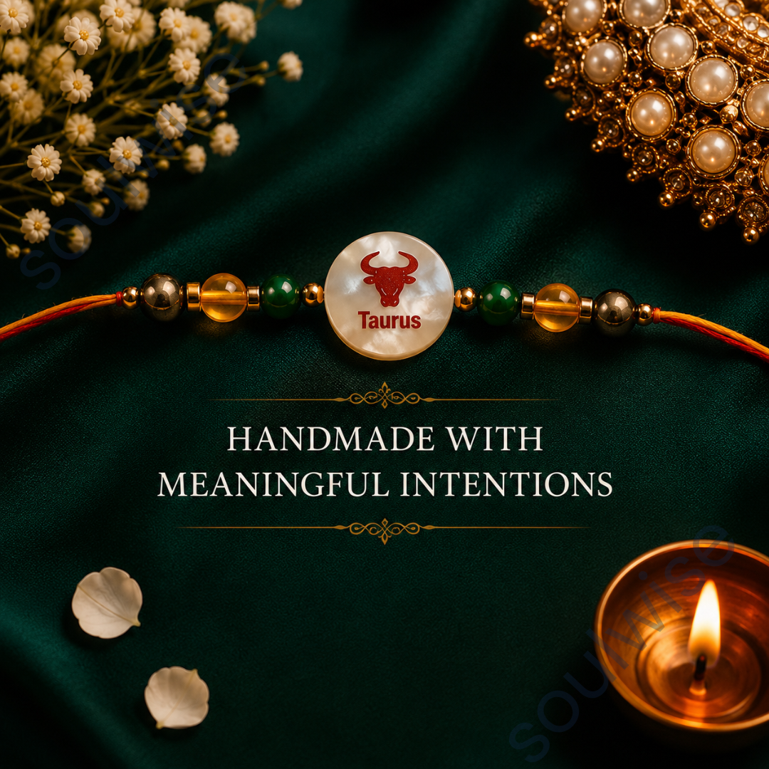 Money Magnet Taurus Rakhi – Green Jade, Citrine, Pyrite & Mother of Pearl Zodiac Rakhi for Prosperity, Stability & Positive Energy