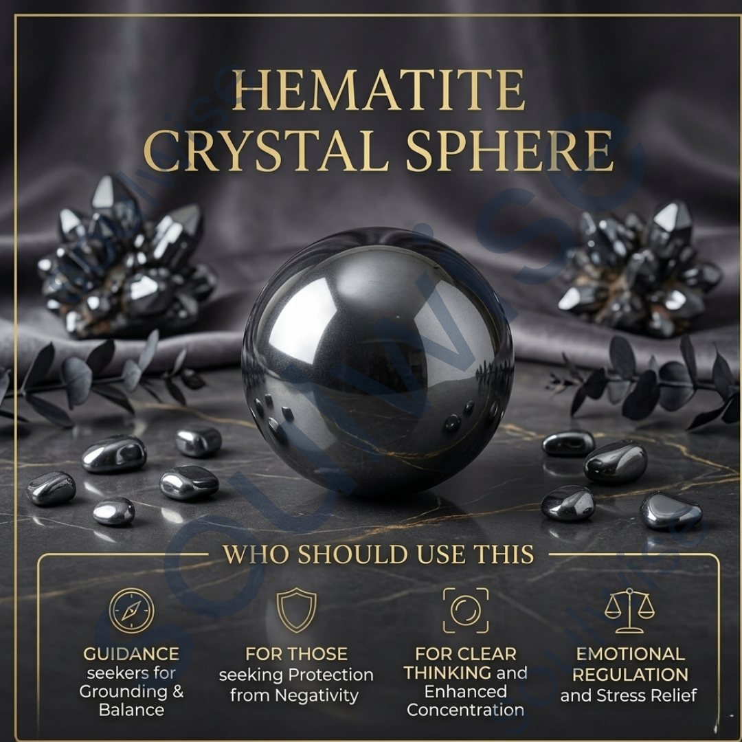 Hematite Crystal Sphere with Stand – Natural Healing Crystal Ball for Grounding, Protection & Mental Clarity | Reiki Meditation Chakra Healing Stone & Spiritual Home Décor