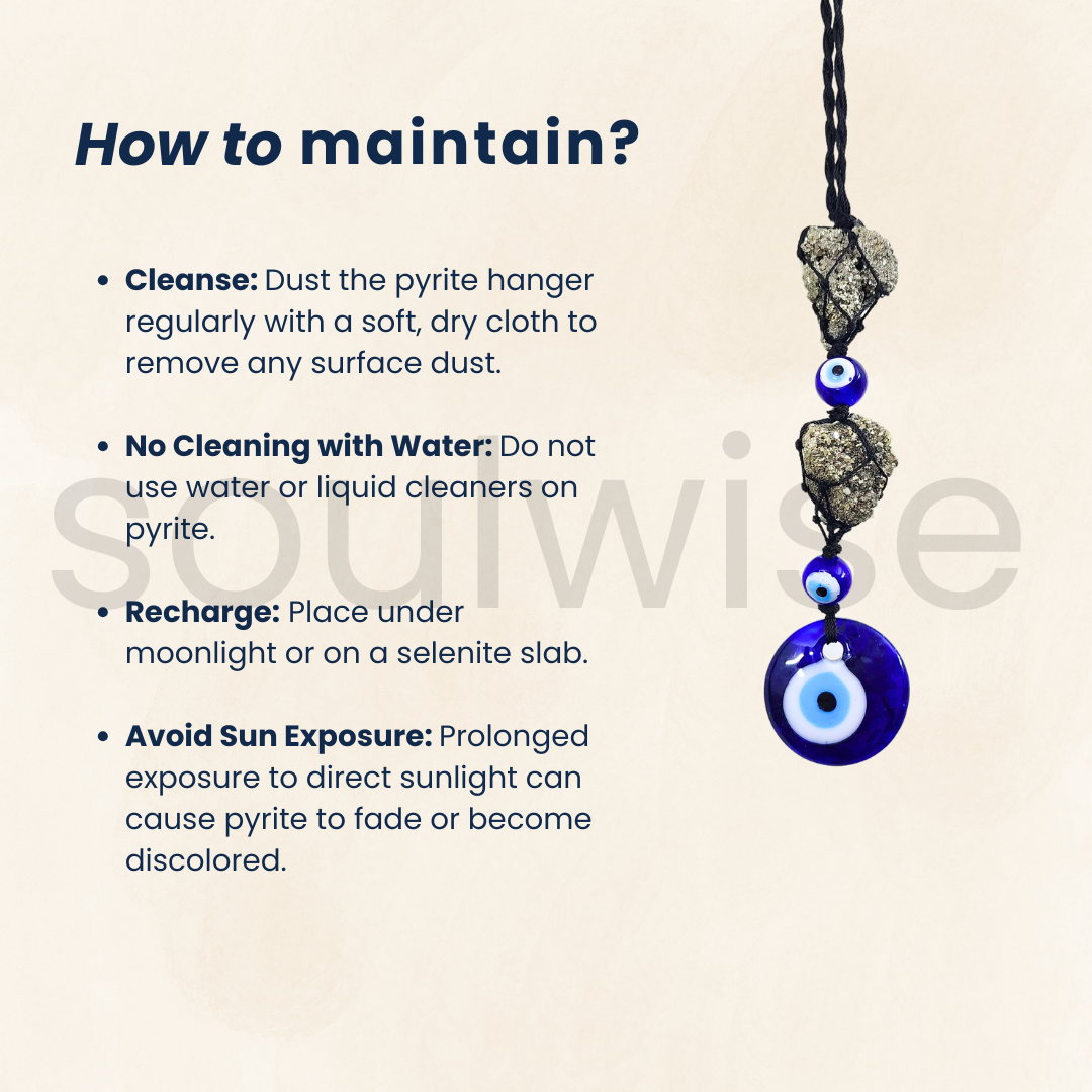 Natural Peru Pyrite Cluster Hanger with Evil Beads and Evil Eye Charm - Energy-Boosting Crystal for Wealth and Protection from Negative Energy - Home, Office, Car Hanger for Good Luck