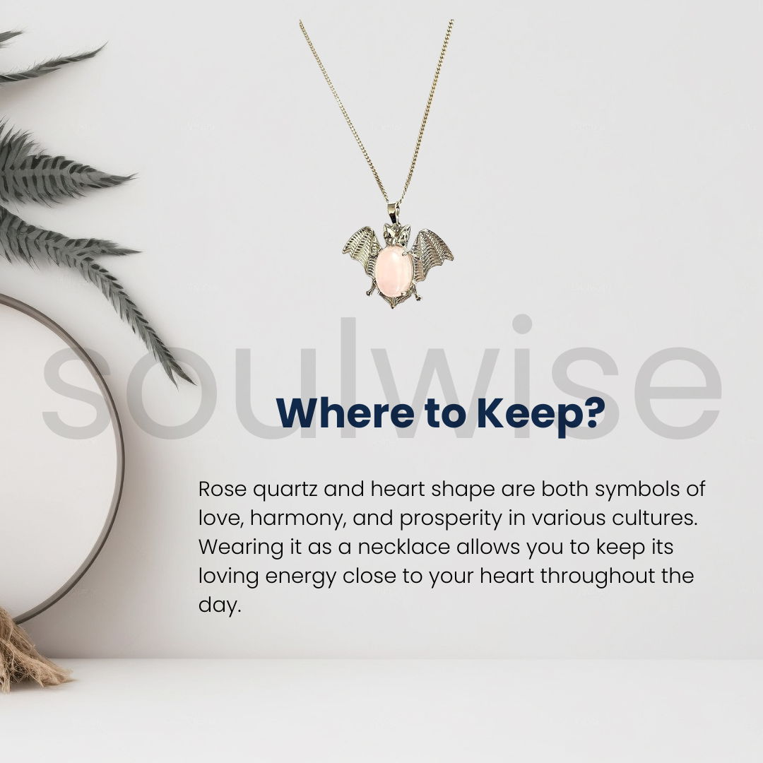 Soulwise Rose Quartz Crystal Bat symbol Pendant Necklace for Protection, Good Luck, healthy relationships and family growth, Unisex Gift