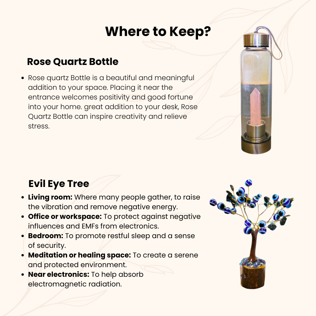 Rakhi Gift Combo for Sister – Black Tourmaline with Evil Eye Tree for Protection & Rose Quartz Crystal Elixir Water Bottle 500ml – Spiritual Decor & Wellness Hydration Set