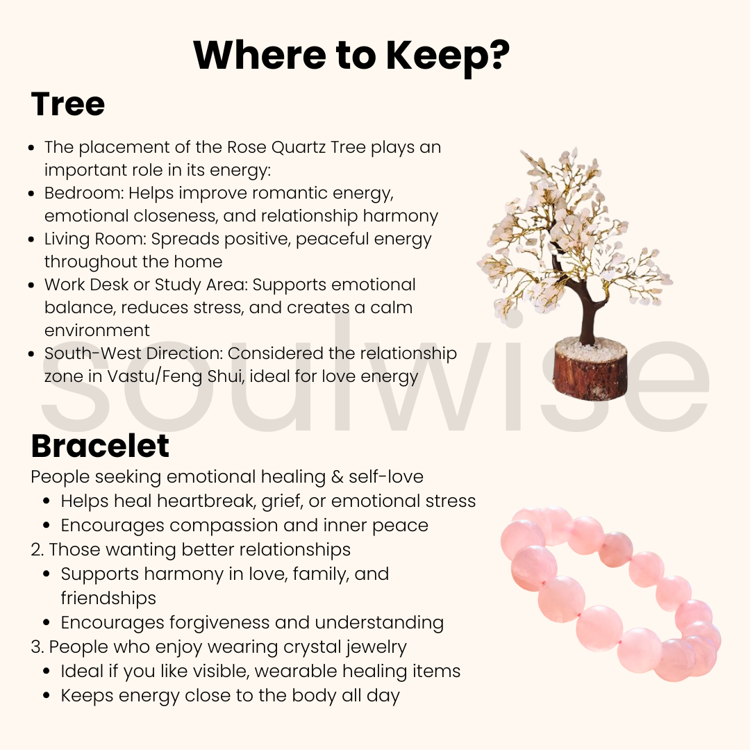 Rose Quartz Crystal Tree with Wooden Base and 10mm Rose Quartz Bracelet, Valentine's Day Gift Set for Love and Emotional Healing, 15.2 cm
