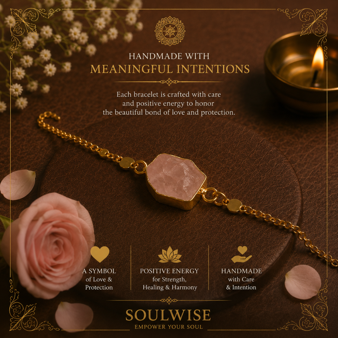 Rough Rose Quartz Rakhi Cum Bracelet – Natural Crystal Rakhi Bracelet for Love, Harmony, Emotional Healing & Positive Energy