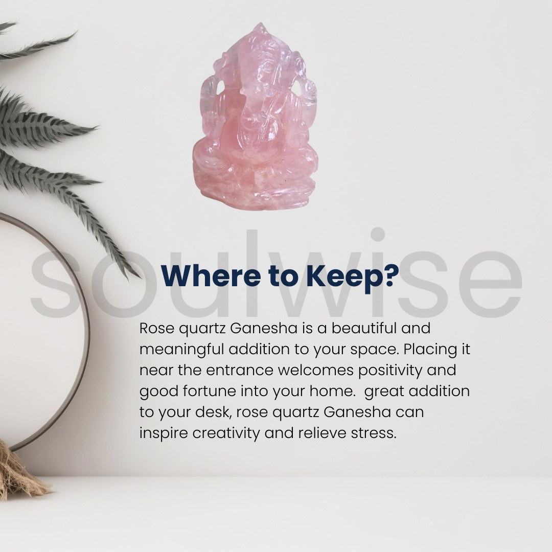 Soulwise Rose Quartz Ganesha 13cm Tall, Healing Crystal for Love, Compassion, Abundance and Positivity, Housewarming Gift Decor