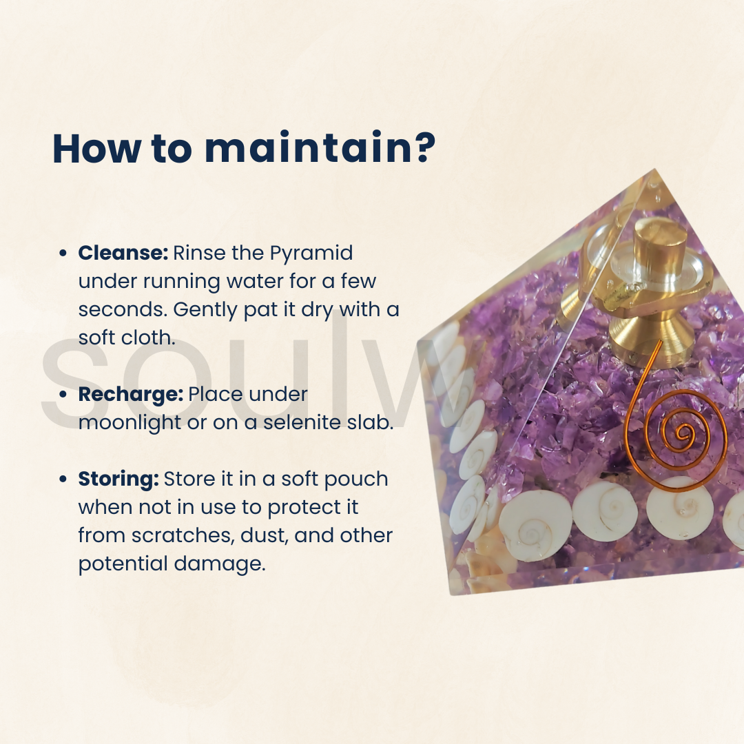 Soulwise Orgonite Pyramid with Amethyst Crystal, Gomti Chakra & Shivling – 7 cm Energy Generator for Vastu, Meditation, Healing & Home Decor