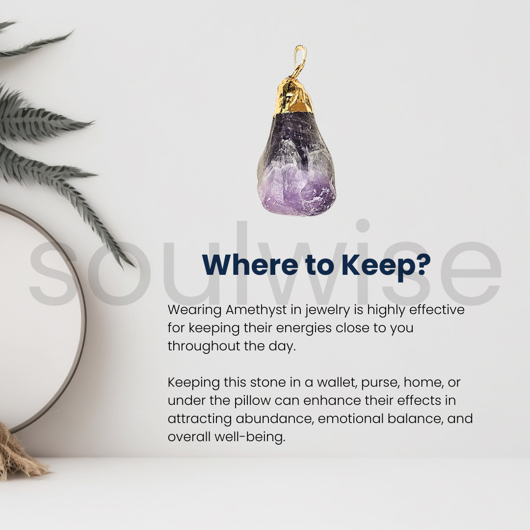 Soulwise Natural Raw Chevron Amethyst Stone Pendant for Healing & Meditation | Rough Cut Purple Crystal Locket for Women & Men (Golden).